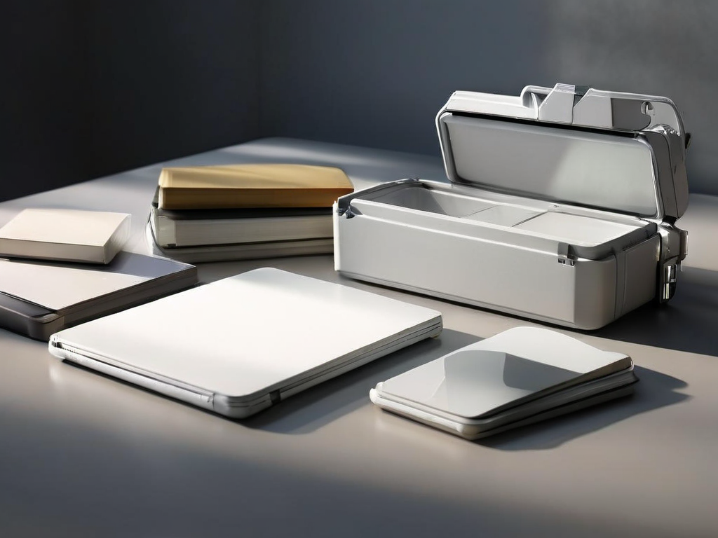 Portable drive and blank cards arranged on a neutral tray for duplicate file comparison.