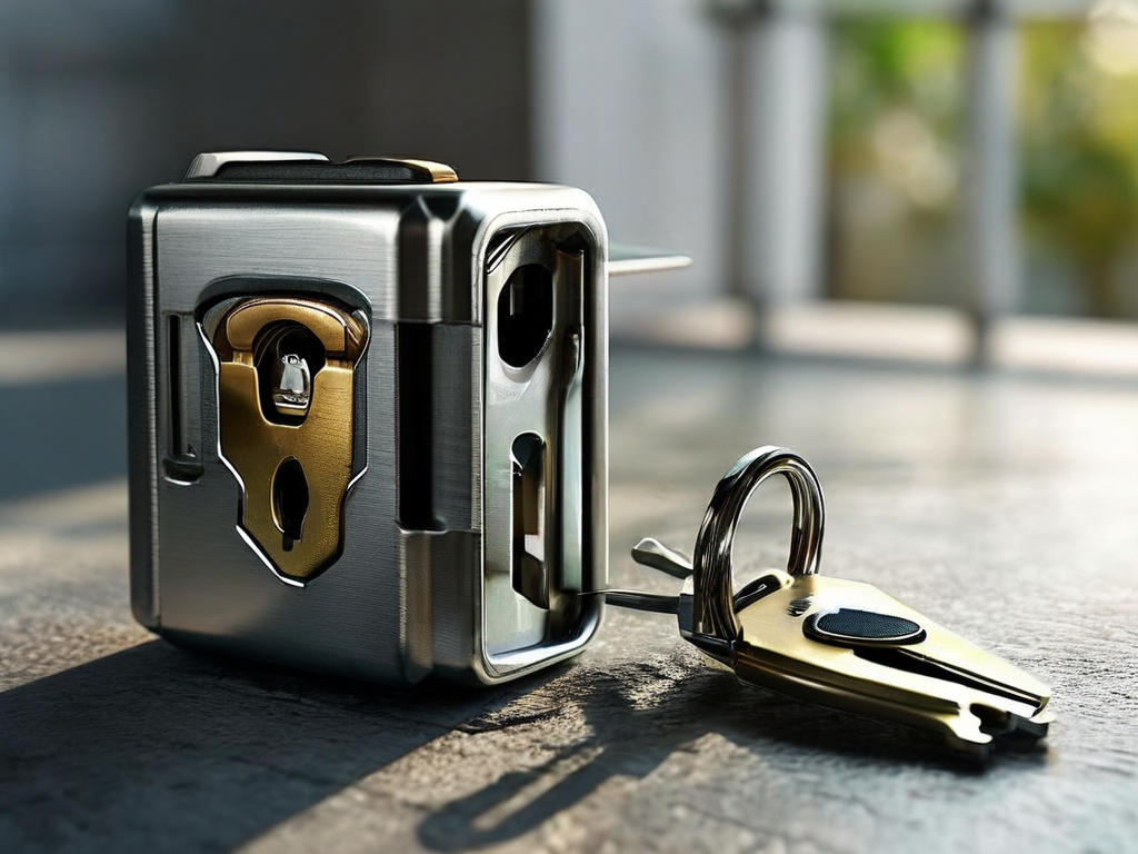 Small metal lock, closed key case, and blank security card on brushed metal surface under angled morning light.