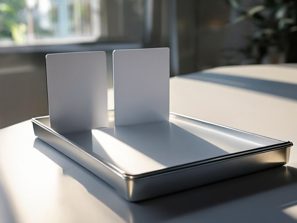 Two blank divider cards with matching alphanumeric codes sit side by side on a brushed metal tray in angled morning light.
