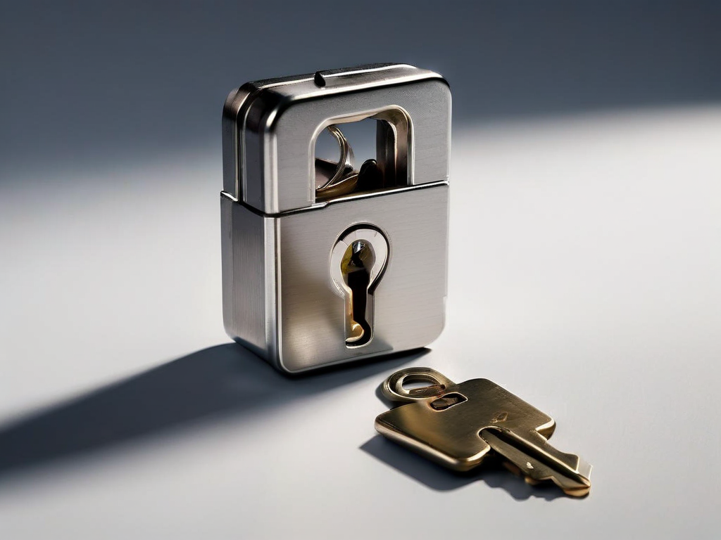 Small metal lock, closed key case, and blank security card arranged on matte gray surface for account safety preparation.