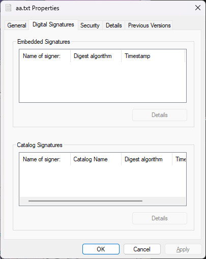 File Properties window showing Digital Signatures tab with successful verification.