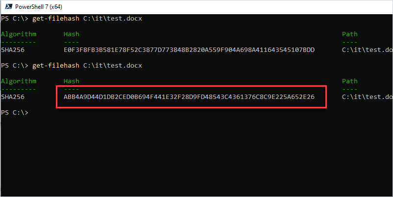 PowerShell interface running Get-FileHash to compare SHA256 checksum with official website.